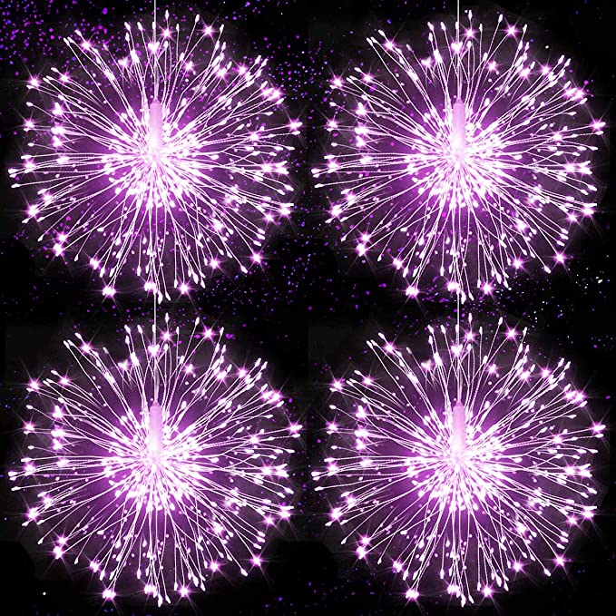 4 Packs Firework Lights Copper Wire LED Lights, 8 Modes Dimmable String Fairy Lights with Remote Control, Waterproof Hanging Starburst Lights for Parties,Home,Christmas Outdoor Decoration, Purple