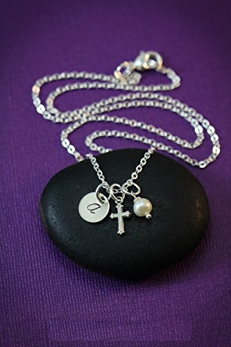 Tiny Cross Necklace - DII - Christening Gift - First Communion Baptism- Handstamped Handmade - 3/8 Inch 9MM Silver Disc - Customize Initial - Choose Crystal Color - Fast 1 Day Shipping