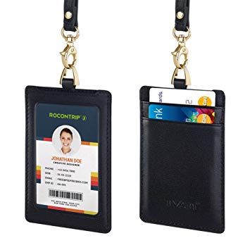 Badge Holder, ROCONTRIP Plastic ID Badge Card Holder, RFID Blocking Vertical ID Badge Holder with Neck Lanyard/Strap for Office ID, School ID (Genuine Leather Black Vertical)