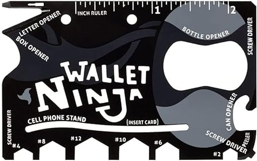 Wallet Ninja Multitool Card – 18 in 1 Credit Card Size Multi-Tool for Quick Repairs, EDC Survival Gear, Bottle Opener, Camping – Cool Gadget and Stocking Stuffer (Black)