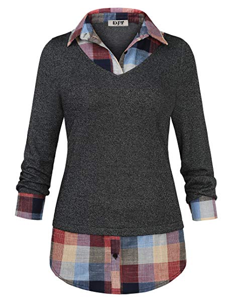 DJT Women's Classic Collar Curved Hem 2 in 1 Knit Pullover Plaid Contrast T-Shirt Top