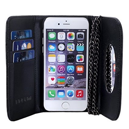 iPhone 6 /6S Plus Case, Bosam Luxury PU Leather Cross-body Design Girls Purse Cell Phone Case Wallet Folding Cover Card Holder with Little Cosmetic Mirror & Chain Shoulder Strap for Apple iPhone 6s Plus/6 plus 5.5 inch ( Black)