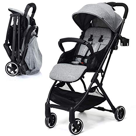 INFANS Lightweight Baby Pram | Folding Baby Stroller with Safe Five-Point Harness and Brake, Adjustable Backrest, Including Footrest, Storage Basket, Cup Holder, Suit for 0-3 Year (Grey)