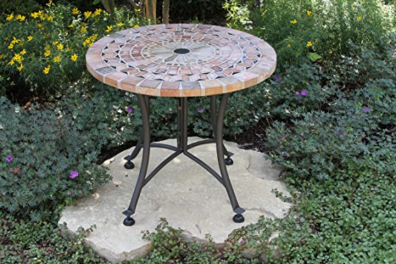 Outdoor Interiors Sandstone Mosaic Accent Table with Metal Base, 24-Inch, Charcoal