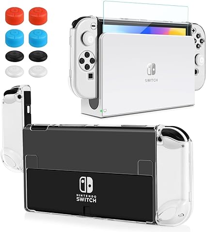 TNP Dockable Case for Nintendo Switch OLED Clear Case Protector - Transparent Oled Switch Skin Protective Grip Case with Screen Protector and 8 Thumb Caps for Nintendo Switch OLED Accessories 2021