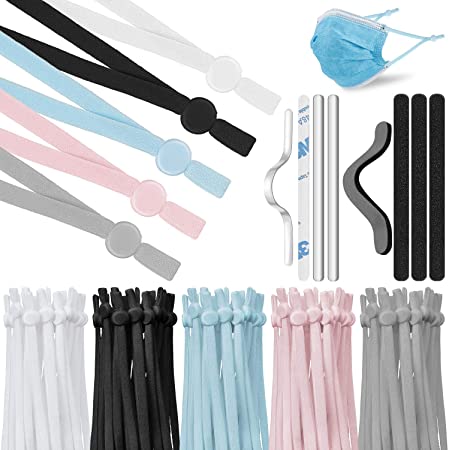 200 Pieces Elastic Cord Bands with Adjustable Buckle Elastic Loop Stretchy Ear Band Straps 100 Pieces Aluminum Metal Strips Nose Bridge Wire and 100 Pieces Nose Bridge Sponge Pad for DIY Sewing