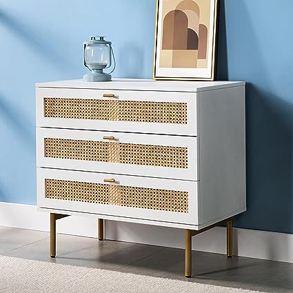 HULALA HOME Dresser for Bedroom with 3 Drawers, Wood Chest of Rattan Decorated Drawers, Boho Mid Century Modern Tall Dressers for Small Spaces, White