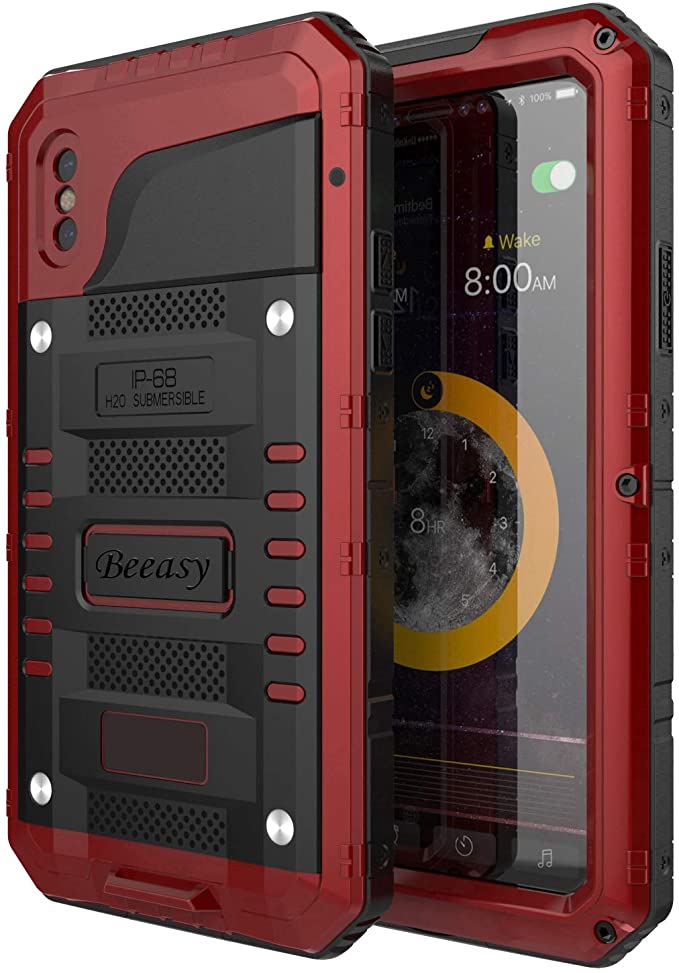Beeasy Case Compatible with iPhone XS,[Shockproof] Waterproof Heavy Duty with Screen 360° Full Body Protective,Impact Strong,DustProof Tough Rugged Metal Military Grade Defender Cover for Outdoor,Red