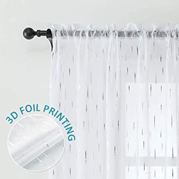 REEPOW Sheer Voile Curtain Panels Windows Drapes Lightweight Breathable Panels with Rain Drops 3D Foil Printing, 52 x 45 inches, White, 1 Pair