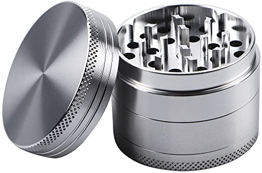 DHelle Spice Herb Grinder, 4 Piece 2 Inch Anodized Aluminum Manual Grinder with Pollen Catcher - Silver