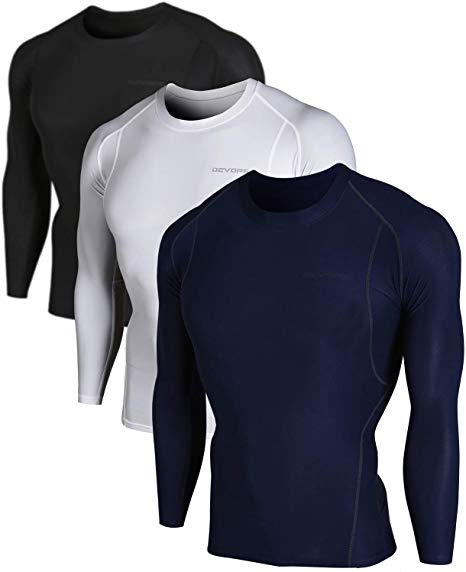 DEVOPS Men's 3 Pack Cool Dry Athletic Compression Long Sleeve Baselayer Workout T-Shirts