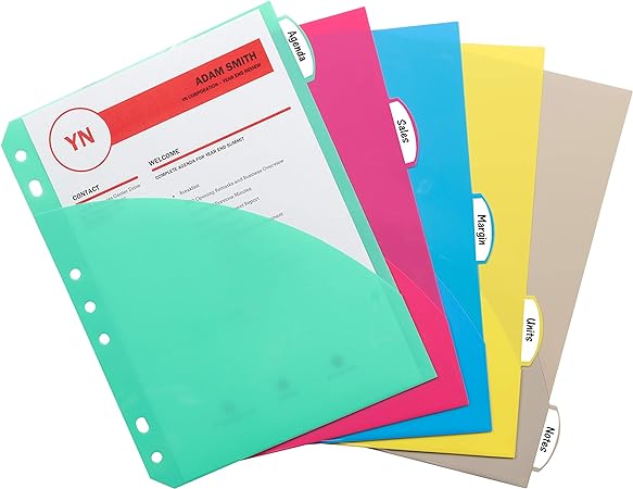 C-Line Mini Size 5-Tab Poly Index Dividers with Pockets, for 5.5 x 8.5, 6 x 9 and 8.5 x 11 Binders, Assorted Colors, One 5-Tab Set (03750)