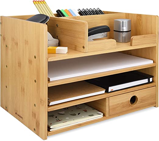 Navaris Bamboo Desk Organizer - Wood Desktop Storage Drawers and Compartments for Organizing Stationery, Documents, Files, Office Accessories