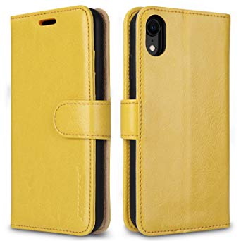 iPhone XR Case Wallet, Jisoncase Leather Wallet Case with Kickstand Cash Slot Card Case for iPhone XR, RFID Blocking iPhone Xr Case Foldable with Magnetic Closure - Yellow