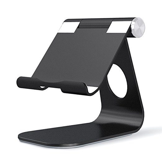 OMOTON Tablet Stand, Adjustable Multi-Angle Aluminum iPad Stand, with Stable Sticky Base and Convenient Charging Port, Fits All Smart Phones, E-readers and Tablets (Up to 12.9 inch), Black