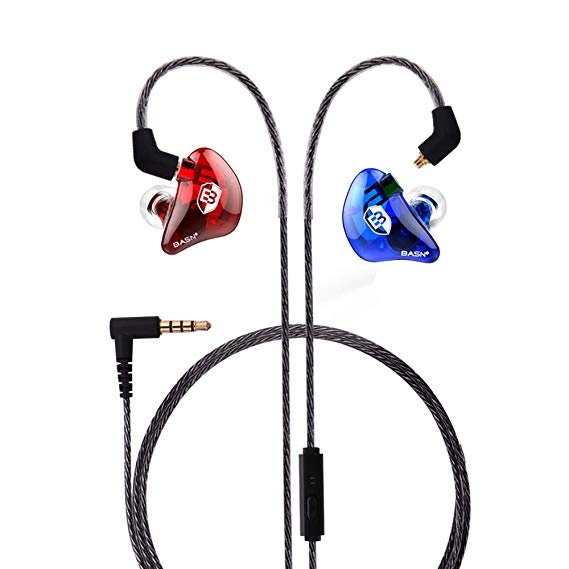 BASN in-Ear Monitor, Dual Drivers Headphones (Earbuds/Earphones/Headset) with MMCX Silver-Plated Cables, Noise-Isolating with Microphone and Remote (BsingerMC100 Red&Blue)