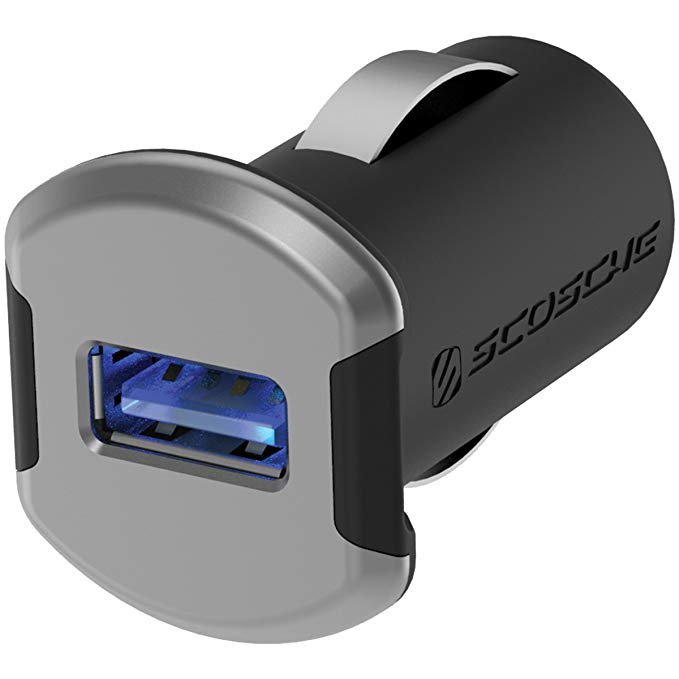 SCOSCHE Revolt Compact Single Port USB Fast Car Charger with Illuminated LED Backlight - 12 Watts/2.4 Amps Total Output - High Speed Universal Device Mobile Charger - Space Gray (USBC121MSG)