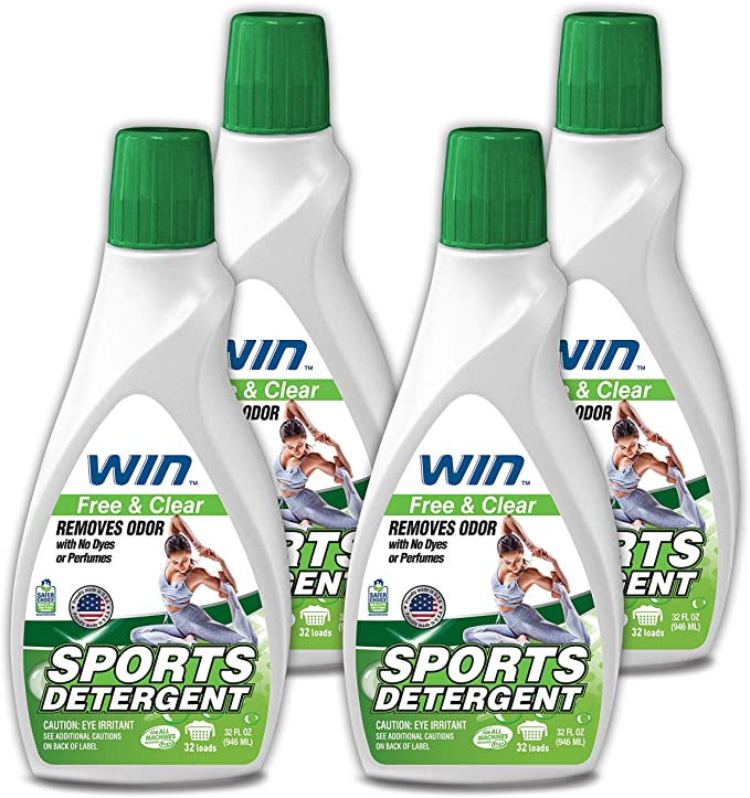 Win Sports Detergent - Free & Clear (Green) 4 Bottles - Specially Formulated for Sweaty Workout Clothes - Removes Odor from Running Gym and Activewear Apparel and Football Hockey Uniforms