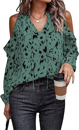 EVALESS Womens Fashion Tops Off The Shlouder Blouses Sexy V Neck Outfits Long Sleeve Leopard Print Shirts