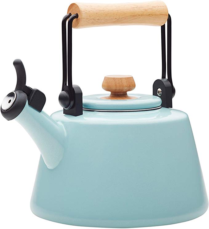 Rachael Ray 47760 1.5-Qt Enamel on Steel Teakettle, Quart, Light Blue Shimmer