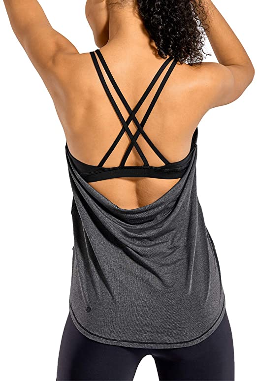 CRZ YOGA Lightweight Heather Women's Workout Tank Tops with Built in Bra Sleeveless Shirts Strappy Open Back Activewear