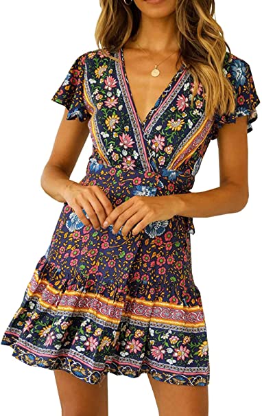 R.Vivimos Women's Summer Short Sleeve Casual Bohemian Beach Ruffle Floral Print Bow Tie Short Sun Dress