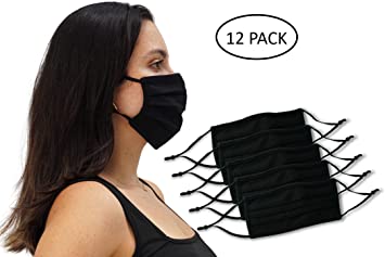 12 Pack Unisex Reusable Pleated Fabric Face Mask with Adjustable Elastic, 2 Layer, Washable, Nose Wire (Size OS, 12 Pack)