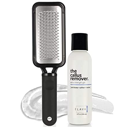 Elavae Callus Remover Gel Extra Strength. Works with foot scrubber, file, pumice stone and other favorite pedicure tools. Achieve foot spa professional results in minutes! (Foot Rasp Included)