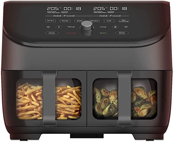 Instant Vortex Plus Doppelkorb mit ClearCook - 7.6L Digitale Heißluftfritteuse, Schwarz, 8-in-1 Smarte Programme - Fritieren, Backen,Braten, Grillen, Dehydrieren, Aufwärmen, XL Kapazität -1700W