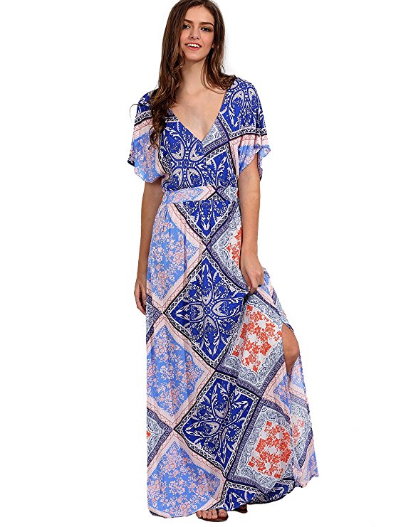 Milumia Women's Boho Split Tie-Waist Vintage Print Maxi Dress