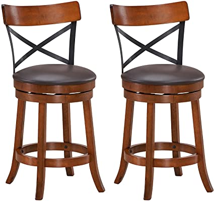 COSTWAY Bar Stool Set of 2, 360-Degree Swivel Solid Wood Stools with Soft Cushion & Backrest, 25”Height Kitchen Counter Bar Stools for Kitchen Island, Pub, and Restaurant (2, 25 inch)