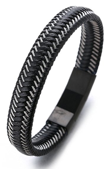 Halukakah "JAZZ" Men's Genuine Leather Bracelet Titanium Magnetic Clasp Size Adjustable 8.2"-8.7"(21-22cm) with FREE Giftbox