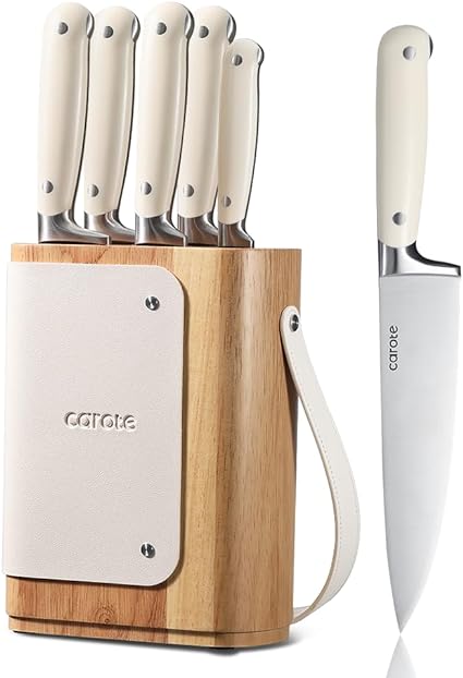 CAROTE 6PCS Knife Set for Kitchen with Block, Stainless Steel Blade for Precise Cutting, Razor-Sharp,Essential Knife Set,White