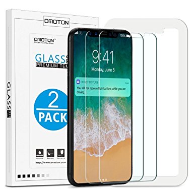 OMOTON iPhone X Screen Protector[2 Pack]- Double Strengthen Tempered Glass Screen Protector for Apple iPhone X with [Guide Frame for Easy Installation] [Anti-Scratch] [Bubble Free] [High Definition]