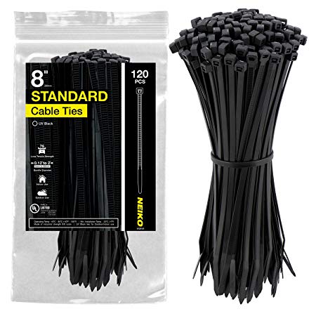 Neiko 51251A UV Black 8-Inch Heavy Duty Cable Zip Ties, 120-Piece | 75 lb Tensile Strength