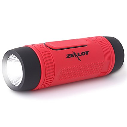 ZEALOT S1 Portable Multifuctional Wireless Bluetooth Speaker - 4000mAh Rechargeable Power Bank w/ USB Output, 3 Mode Emergency Flashlight, Hands Free Answering Phone Call, TF Card Music Player, Mounting Mracket Screw Hole, Waterproof Level IP55, FM Radio (Red)