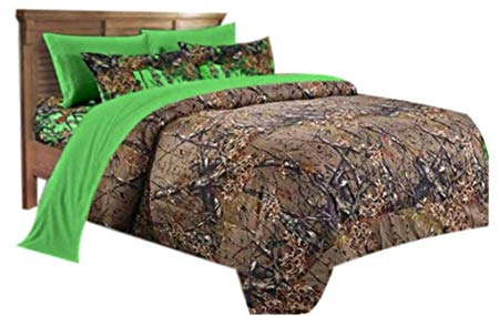 20 Lakes Woodland Hunter Camo Comforter Set (Forest Brown/Biohazard Green, Queen)
