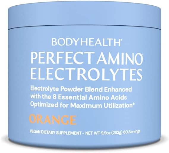 BodyHealth PerfectAmino Electrolytes Powder, Hydration Powder, Sugar Free Keto Electrolyte Drink Mix, Non GMO, Orange Flavor (60 Servings)