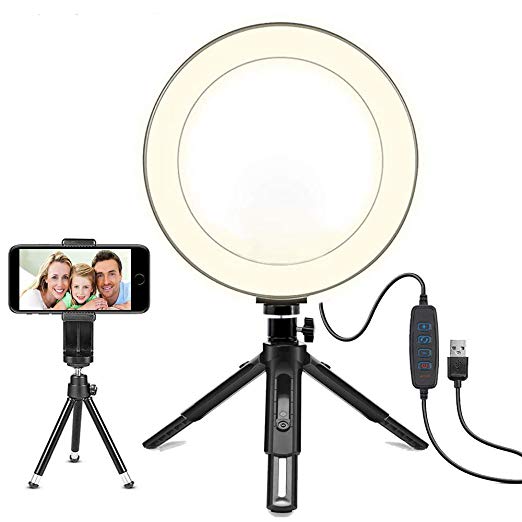 8" Selfie Ring Light with Tripod Stand & Cell Phone Holder for Live Stream/Makeup | Dimmable Mini Floor Table Camera Ringlight for YouTube Video/Photography Compatible with iPhone Xs Max XR Android