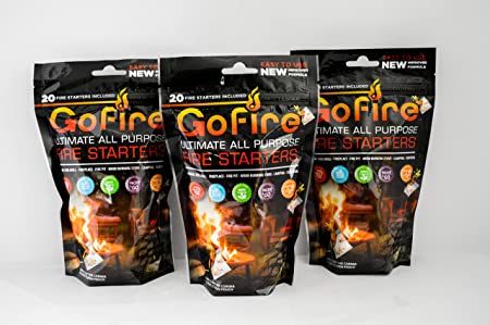 GoFire Ultimate All Purpose Fire Starter, 3 Bags of 20 Firestarter Packs, Waterproof, Non Toxic, Packable and Perfect for Wood Stove, Barbecue, Camp Fire, Tailgating, Fireplace and Fire Pits