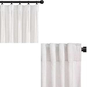 INOVADAY Beige White Linen Curtains for Linving Room Bedroom 2 Panels Set