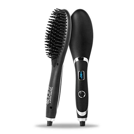 Treesine 2019 Upgrade Hair Straightening Brush, Corded Ionic Ceramic Anti Scald Fast Hair Straightener Comb with LED display and MCH Heating Function, Anti Static Silky Straight, Black