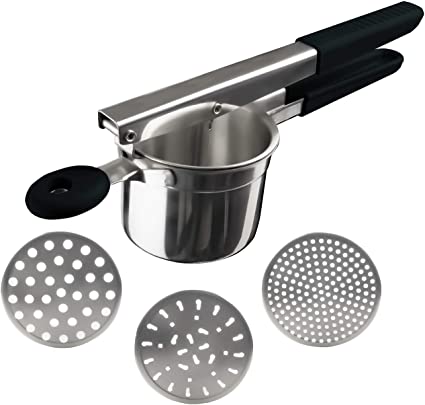 Hatrigo Stainless Steel Potato Ricer and Masher with 3 Interchangeable Fineness Discs, Makes Light and Fluffy Mashed Potato Perfection, 100% Stainless Steel (Black)