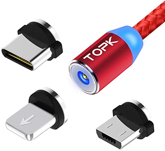 TOPK Magnetic USB Charging Cable, Multi 3-in-1 Cable Charger with LED for Phone/Android,Multiple Charging Adapters Micro-Light-Type C-No Sync Data (2M/6.6ft) Red
