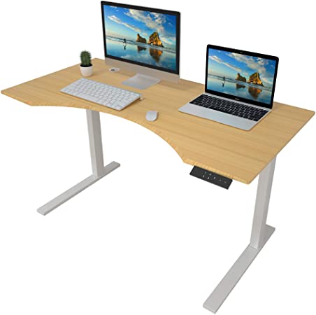 ZHU CHUANG Height Adjustable Desk Electric Standing Desk Stand up Desk Home Office Desk Dual Motor Natural Color 100% Solid Bamboo (60" Contour, Desktop and Frame)