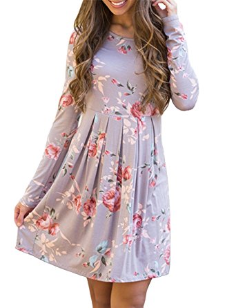 AnnabelZ Women Long Sleeve Casual Tunic Dress Floral Print Loose Swing T Shirt Dresses