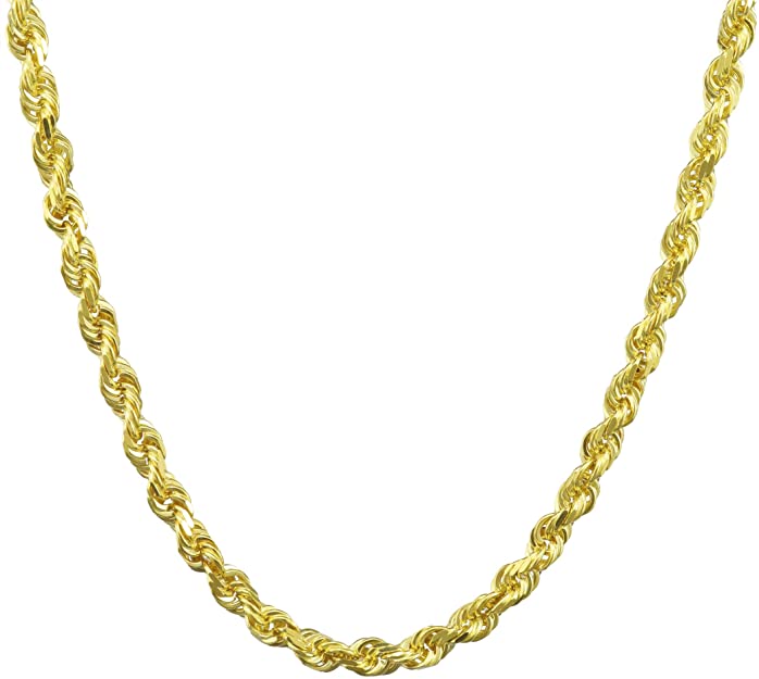 Nuragold 14k Yellow Gold 4mm Solid Rope Chain Diamond Cut Pendant Necklace, Mens Jewelry Lobster Lock 18" 20" 22" 24" 26" 28" 30"