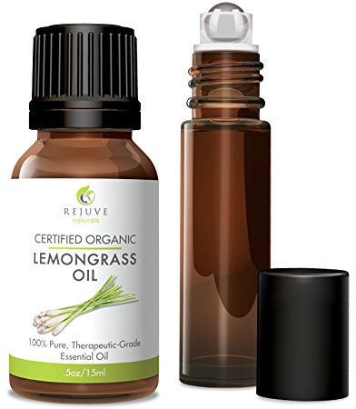 Organic Lemongrass Essential Oil, Includes 10ml Amber Glass Roll-On USDA Certified Organic by RejuveNaturals, 15 ml | 100% Pure, Steam Distilled | For Stress Relief, Muscle Aches, or Aromatherapy