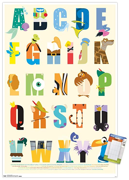 Trends International Disney Characters as The Alphabet Mount Wall Poster, 14.725" x 22.375", Premium Poster & Mount Bundle