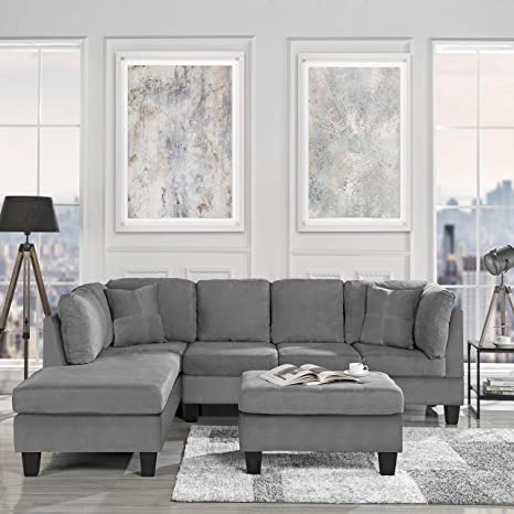 Casa Andrea Milano Modern 3 Piece Microfiber L Shaped Sectional Sofa with Reversible Chaise & Ottoman, Large, Grey